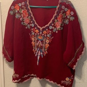 Johnny Was beautiful red embroidered blouse. Size large